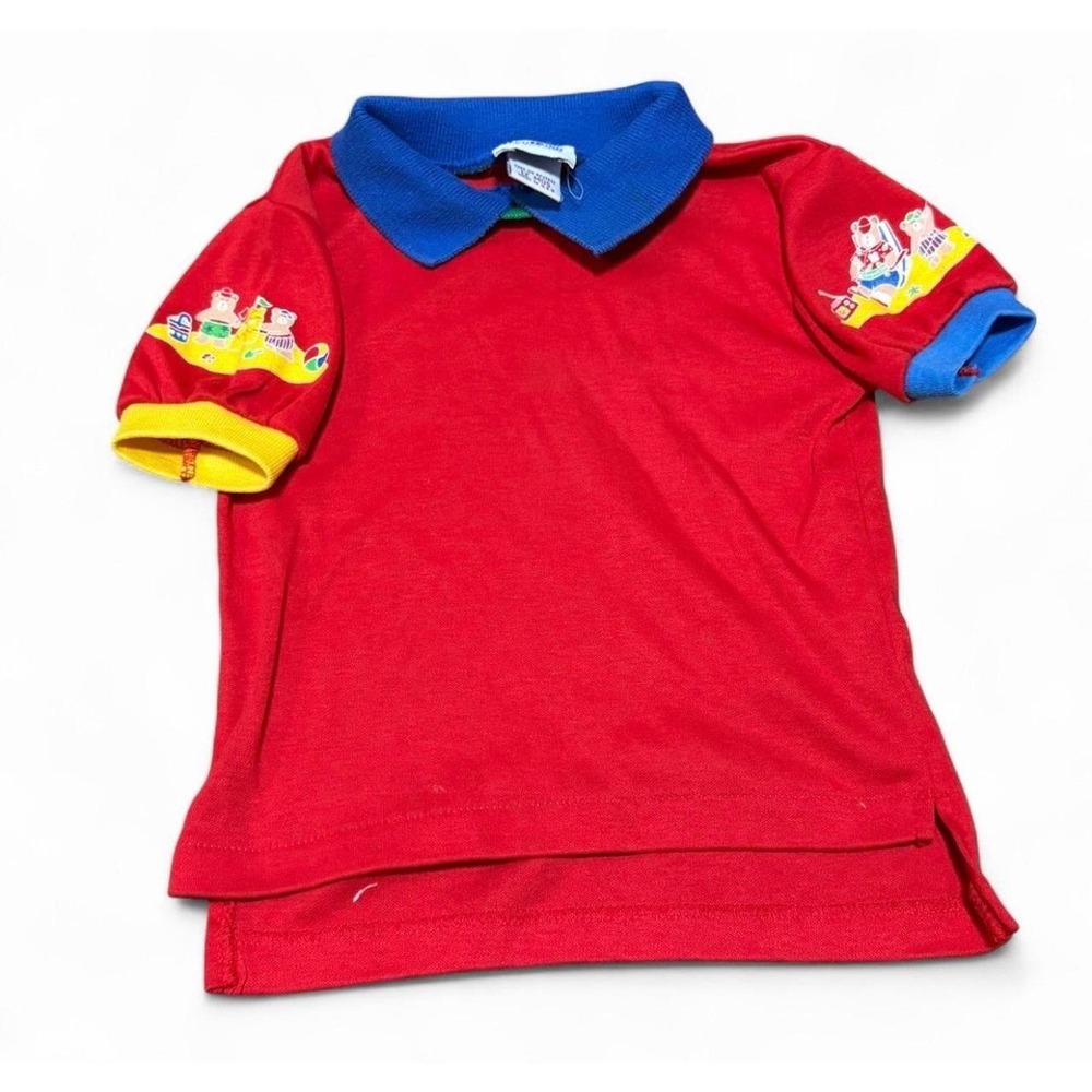 Vintage OshKosh B'Gosh Teddy Bear Beach Polo Shirt 12M USA Made 90s Colorful